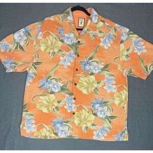 Jamaica Jaxx Button-Up Shirt Men's Size Orange Floral Silk Collared Short Sleeve